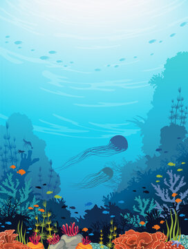 Underwater vector illustration. Seascape image with colorful coral reef, fishes and silhouette of jellyfish. Wild marine life. 