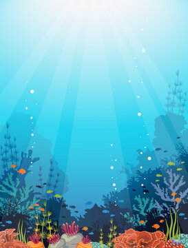 Seascape illustration with beautiful coral reef and tropical fishes. Underwater vector image. Wild ocean nature.