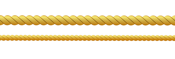 Gold rope of realistic nautical twisted rope knots, loops for decoration and covering isolated on transparent background. Retro vintage art design
