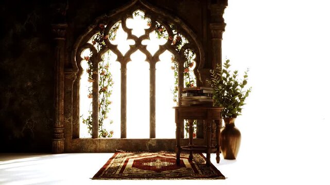 Intricately carved Gothic window frame overlooking a Persian rug with a small wooden table and lush potted plants in a quiet interior