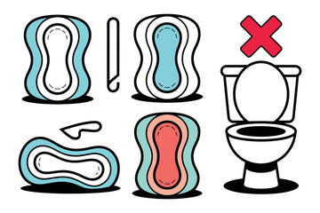 An illustration showing various sanitary pads and a toilet with a red X, indicating proper disposal methods for menstrual products.