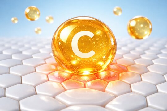 Vitamin C Serum Droplet on Hexagonal Skin Surface with Glowing Absorption Effect for Anti-Aging and Brightening Skincare Concept.