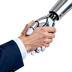 Human and robot handshake symbolizing artificial intelligence collaboration and future business partnership isolated on a transparent background PNG file
