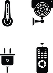 Collection of smart home automation and monitoring icons featuring a digital thermometer, web camera, electric power plug, and wireless remote control.