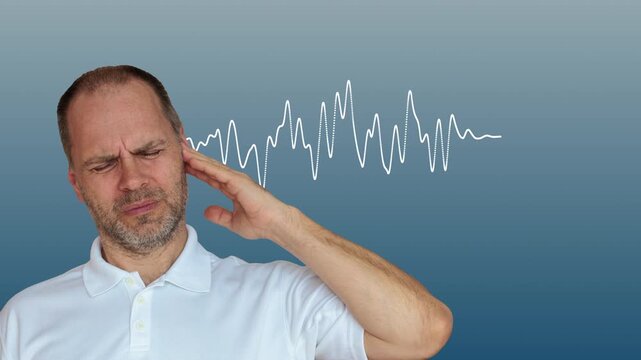 Man suffering from ear pain or tinnitus with a moving waveform graphic representing sound waves. ideal for hearing loss, noise sensitivity and audiology health, blue gradient background, seamless loop