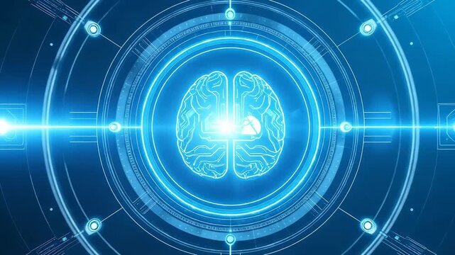 Futuristic glowing brain illustration with digital interface elements, representing artificial intelligence.