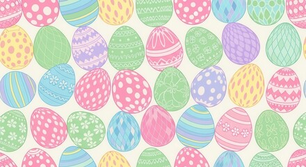 Vibrant pastel Easter egg seamless pattern featuring various cute designs and patterns, perfect for festive holiday backgrounds and spring decor.