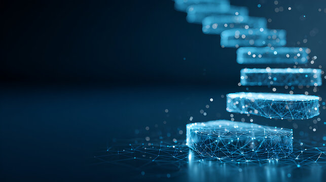 career ladder or growth concept with 3d stairway and glowing podiums on technology blue background, abstract digital stairs, low poly wireframe