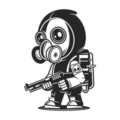 Expertly crafted black and white depiction of a camouflaged hunter or military operative in a ghillie suit holding a rifle, perfect for outdoor, survival,