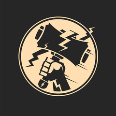 striking hammer with lightning bolts above a bold graphic silhouette
