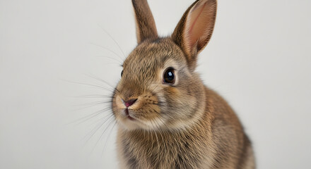 Obraz premium A close-up portrait of a cute brown rabbit with long ears and whiskers on a plain background