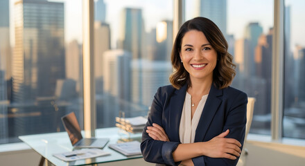 Obraz premium A confident businesswoman standing in a modern office with a city view