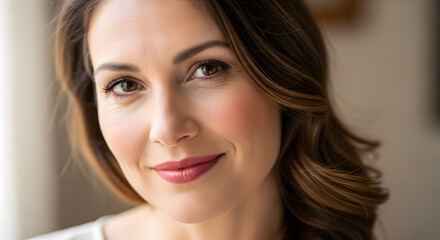 Obraz premium A beautiful woman with a warm smile and brown hair looking directly at the camera