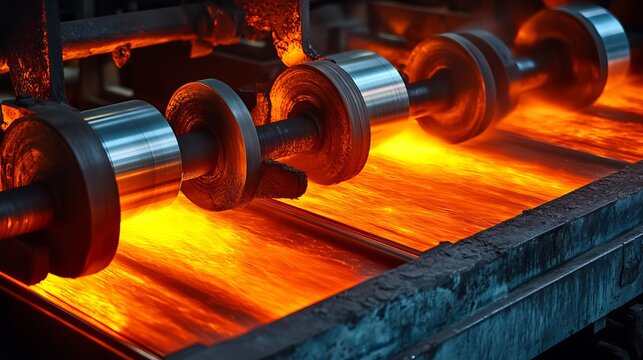 A close-up view of industrial rollers processing hot metal in a factory setting