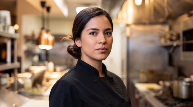 A professional woman chef portrait inside the modern kitchen