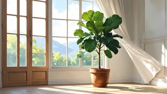 Indoor fig tree in a pot near a window with natural light, creating a serene atmosphere.