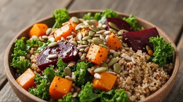 Vibrant quinoa kale bowl with beets and seeds showcased on rustic wooden table