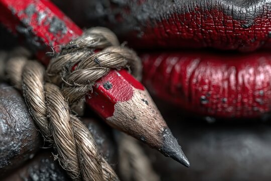 Hand holding a red pencil tied with rope, symbolizing freedom of press and expression in a dark moody scene