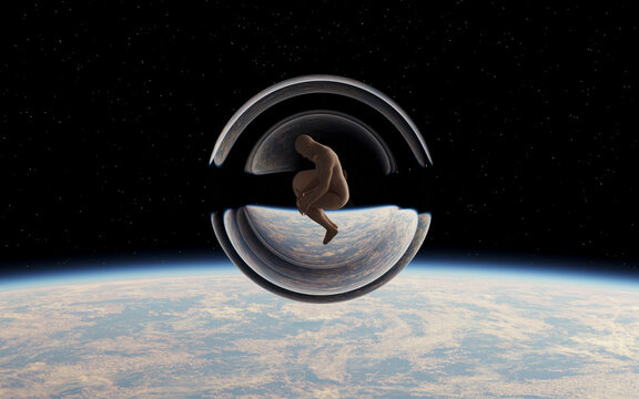 Conceptual artwork - a human figure curled in a fetal position inside a transparent sphere floating above Earth in outer space