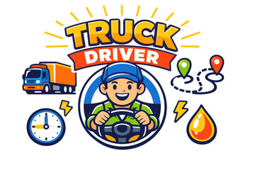 Obraz premium Smiling cartoon male truck driver and journey elements illustration