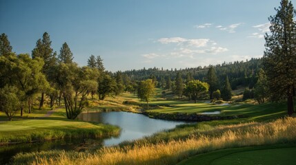 Sunlight shines over a serene golf course featuring rolling hills a calm pond and tall trees. The grassy surroundings create a peaceful and inviting environment for golfers and nature lovers.