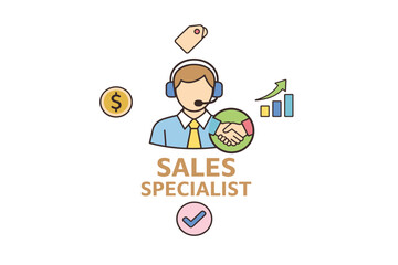 Sales specialist icon: headset, handshake, dollar, graph, badge, tag