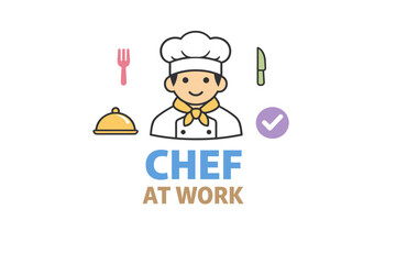 Cartoon chef at work with kitchen utensils and food illustrations