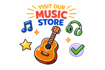 Colorful music store promotion with cartoon guitar and headphones