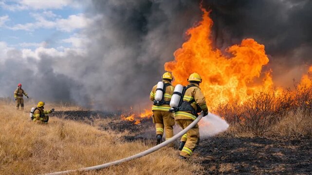 Firefighters extinguish flames in open terrain