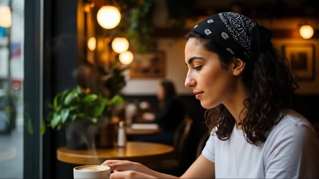 Relaxed cafe moment: woman enjoying coffee and contemplation by window
