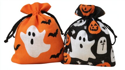 Obraz premium Two vibrant Halloween treat bags sit side by side. One bag features playful ghosts with bats while the other displays pumpkins and friendly ghosts.