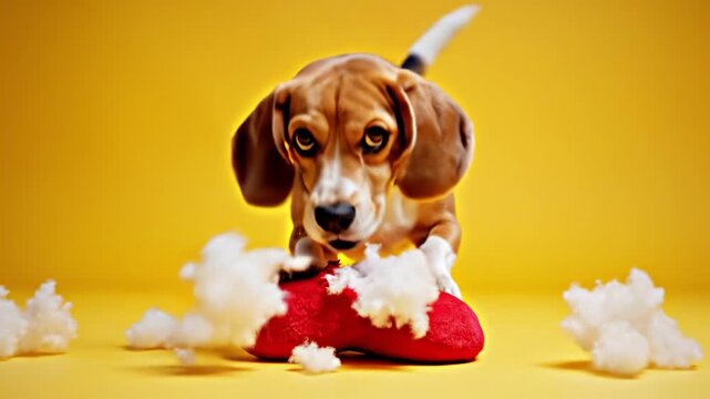A beagle dog tears apart a red plush heart toy on a yellow background. This humorous scene captures a playful anti Valentine mood. Perfect for cynical holiday content or pet related advertising.