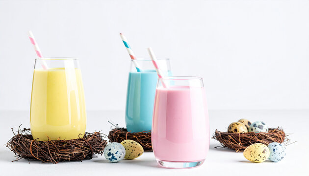 Cute pastel smoothies in glasses with Easter nest decor, festive beverage concept, light white backdrop
