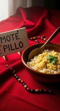 Traditional Ecuadorian Mote Pillo Creamy Hominy and Eggs in Rustic Bowl with Red Sanjuanero Fabric