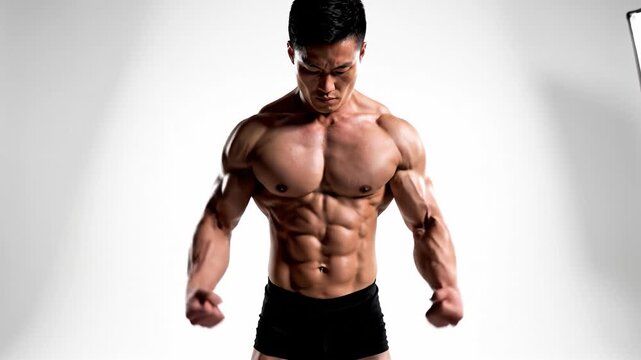 Muscular Asian man flexing his torso in a white studio. Powerful atmosphere of discipline and self focus. Perfect for fitness motivation and bodybuilding content.