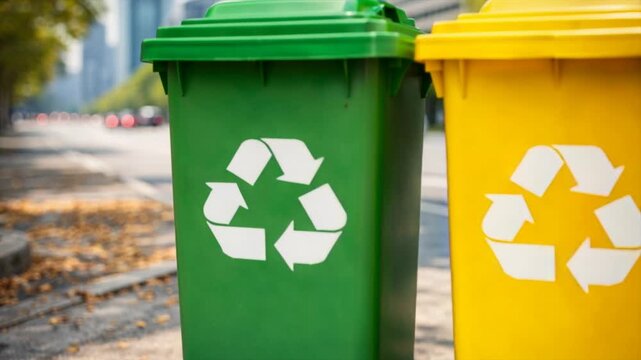 Color-coded recycling bins on a city street