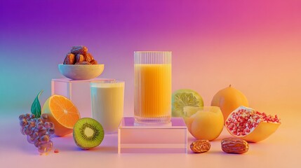 A vibrant still life of fresh fruits and juices on a colorful background