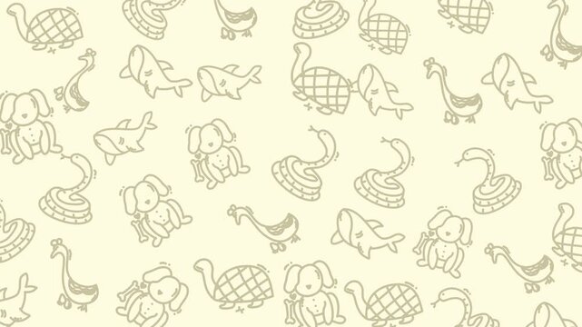 Seamless handdrawn farm animal pattern in soft beige tones ideal for nursery backgrounds textiles and wrapping paper featuring doodle turtles dogs fish and ducks repeatable outline design.