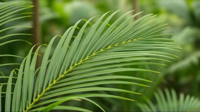 Gentle sway of lush green palms in a tropical breeze closeup