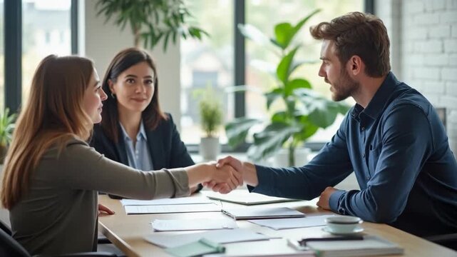 Confident business professionals shaking hands across a meeting table in a bright modern office. Successful negotiation and teamwork concept with paperwork and laptops.