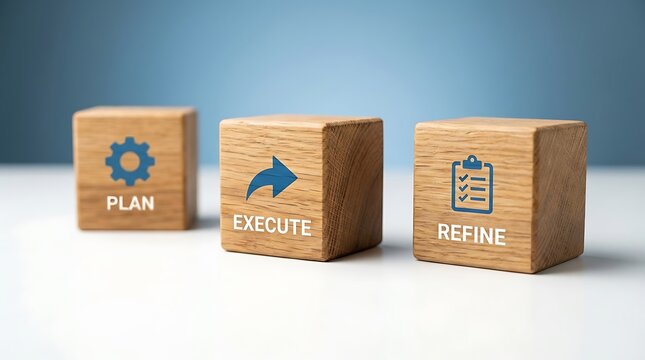 Wooden blocks with business strategy steps.