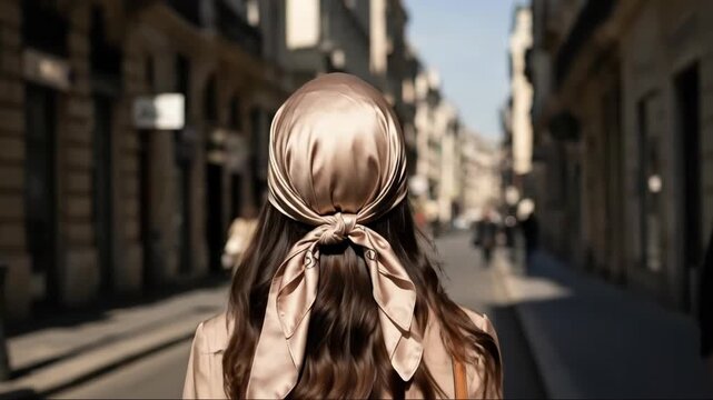Woman with silk scarf strolls through urban street in motion blur scene