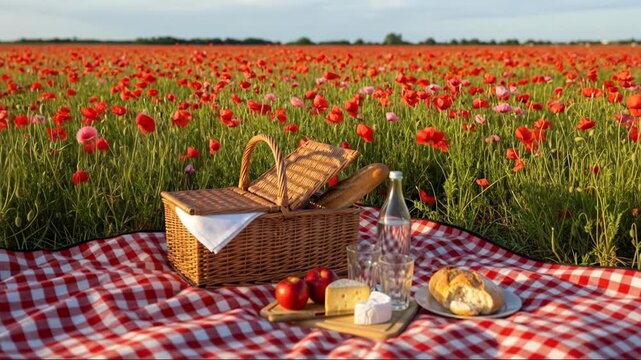 Idyllic picnic scene in blooming poppy field at golden hour capturing tranquil summer moment