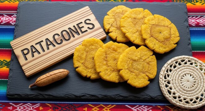 Traditional Ecuadorian Patacones Fried Green Plantains on Black Slate with Otavalo Pano Mat