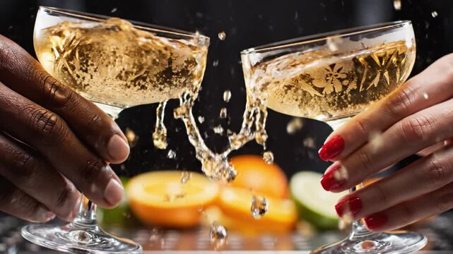 Two people clink champagne coupes causing a splash over citrus fruits. Elegant celebration and social gathering mood. Perfect for luxury lifestyle or party advertisements.