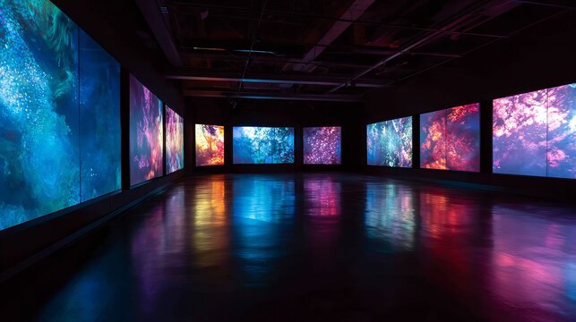 A dark room with multiple screens displaying vibrant and colorful digital art