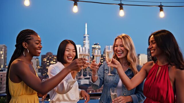 Diverse group of female friends toasting with champagne on a city rooftop at night. They celebrate friendship and empowerment during a party. Ideal for lifestyle and social event advertising.