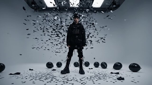 Person in black gothic attire stands amidst falling confetti and balloons in a white studio. Moody anti valentine theme expressing rebellion. Perfect for alternative fashion and holiday content.