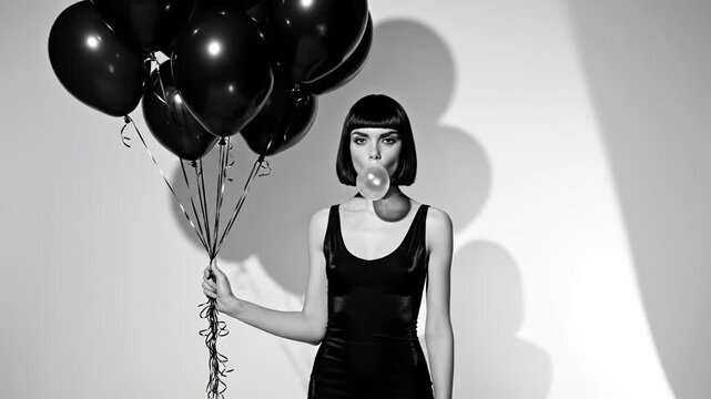 Woman in black bodysuit holds black balloons and blows gum bubble. Black and white aesthetic creates a cynical anti Valentine mood. Ideal for edgy fashion editorials and alternative promotions.