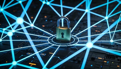 Cyber defense system visualization with padlock in the center of digital network and glowing blue neon connections, futuristic cybersecurity technology, secure data protection and information safety	